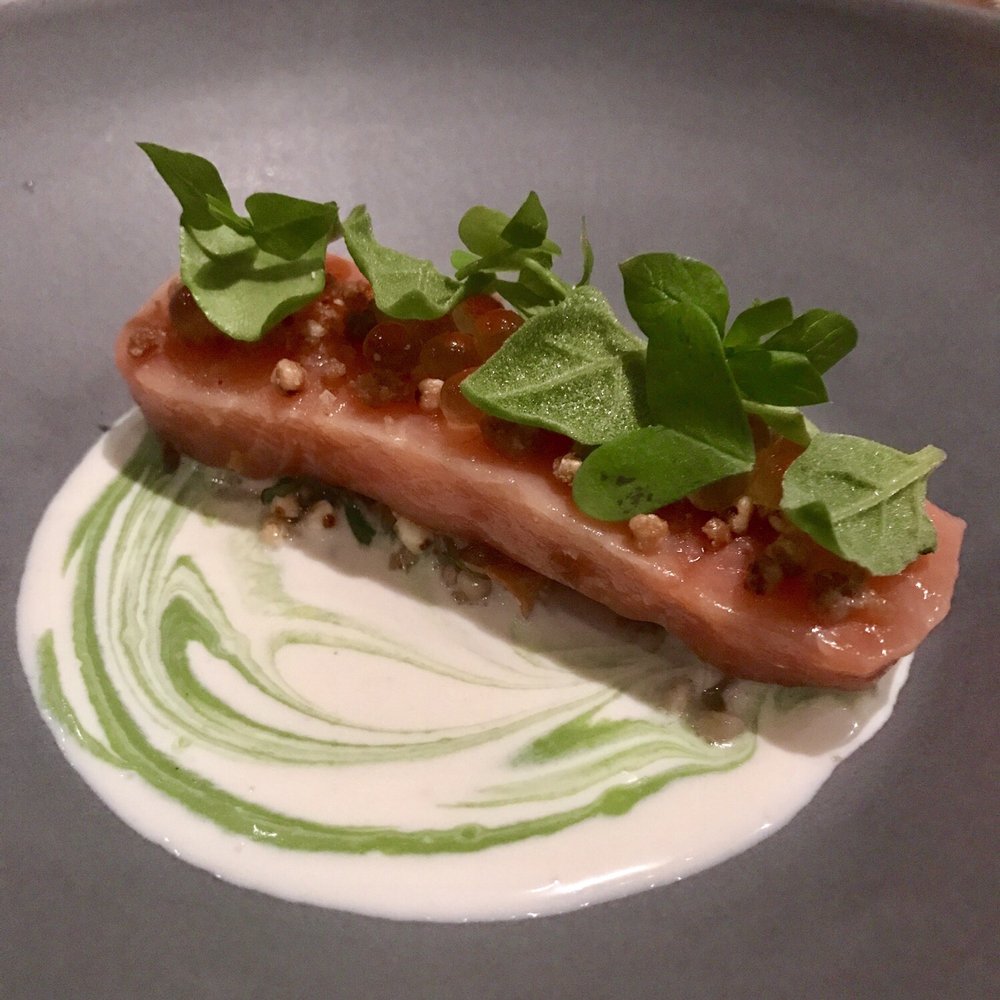Lazy Bear - Steelhead Trout with hedgehog mushrooms, barley and crisp chicken skin, roe, and sorrel - New American Near Me - San Francisco, California