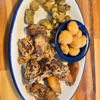 The Ark - Chicken livers with fried okra, corn nuggets, and hush puppies - Salad Near Me - Springville, Alabama