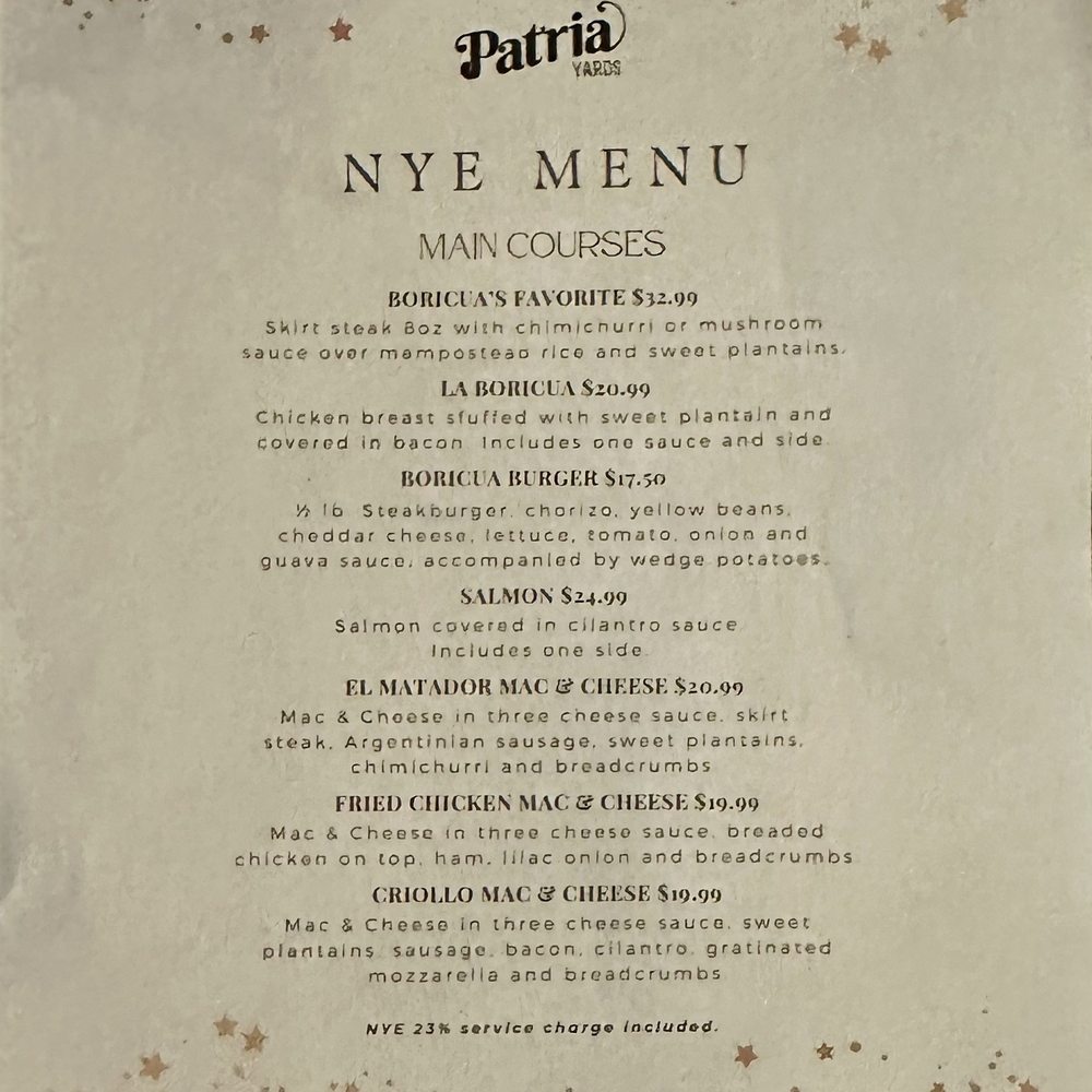 Patria Yards - New Year's Menu. - Burgers Near Me - San Juan, Puerto Rico