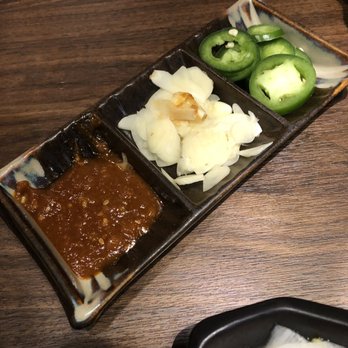 GAN-HOO BBQ - Ssamjang, garlic, and jalapenos for the pork belly - Barbeque Near Me - Flushing, New York