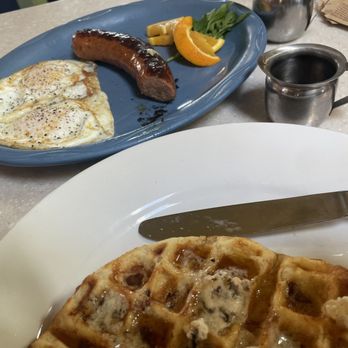 Morning Glory - Bacon Waffle w/walnut butter, 2 eggs over med & chicken sausage. Soooooo good! - Breakfast & Brunch Near Me - Ashland, Oregon Morning Glory - Bacon Waffle w/walnut butter, 2 eggs over med & chicken sausage. Soooooo good! - Breakfast & Brunch Near Me - Ashland, Oregon