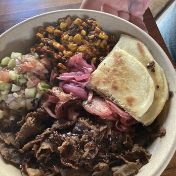 Indigo Kitchen - Steak bowl with rice, cucumber, naan and street corn added - Indian Near Me - Easley, South Carolina