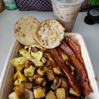 First Watch - Traditional Breakfast of 2 eggs, breakfast potatoes,  yummy bacon, English muffin, and iced coffee. - Breakfast & Brunch Near Me - Sarasota, Florida