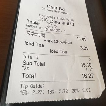 Chef Bo - Lunch receipt - Chinese Near Me - Sacramento, California