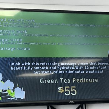 Bonjour Nails - Green tea pedicure details-- 1) Dead Sea salt soak, 2) moisture mask, 3) sugar scrub and 4) massage cream for $55 - Nail Salons Near Me - Los Angeles, California