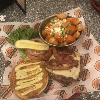 Bad Daddys Burger Bar - Create your own - Beef patty, poblano pepper mayo, pepper jack cheese and bacon on brioche sides with buffalo tots! - Burgers Near Me - Chamblee, Georgia