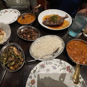 IndoChen - Old Town - Main with sides: chicken tikka masala, butter chicken, fish, Brussel sprouts, mushrooms, garlic naan - Indian Near Me - Alexandria, Virginia