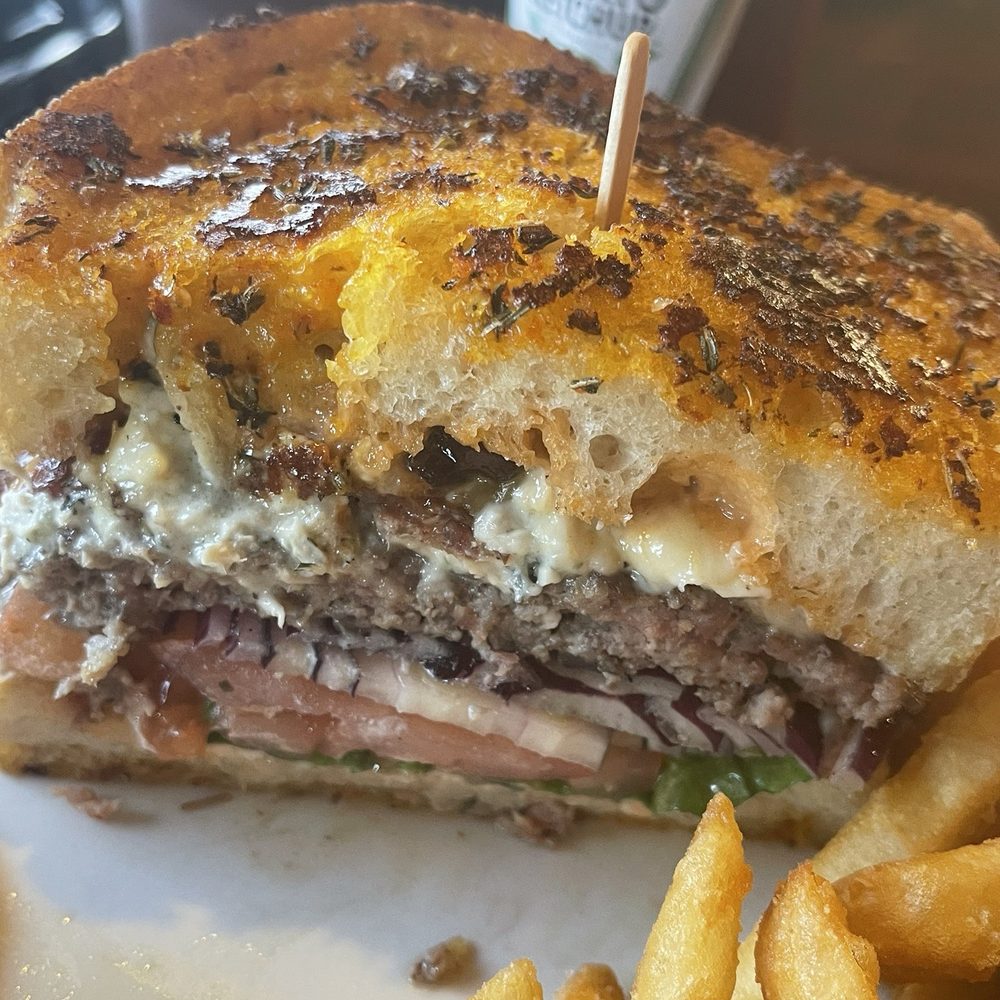 GoodFella's Cafe - Cross section of the Ol' Blue Eyes Burger - Breakfast & Brunch Near Me - Corona, California