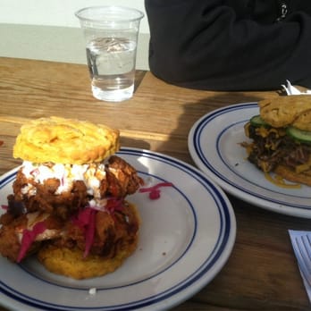 Handsome Biscuit - Spicy Chicken w/ blue cheese and pickled cabbage and BBQ pulled pork. - Breakfast & Brunch Near Me - Norfolk, Virginia Handsome Biscuit - Spicy Chicken w/ blue cheese and pickled cabbage and BBQ pulled pork. - Breakfast & Brunch Near Me - Norfolk, Virginia