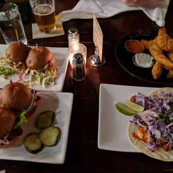 The Observatory - Four plates from the happy hour menu - fish tacos, bread, pulled pork sliders and spicy chicken sliders. - New American Near Me - Portland, Oregon The Observatory - Four plates from the happy hour menu - fish tacos, bread, pulled pork sliders and spicy chicken sliders. - New American Near Me - Portland, Oregon
