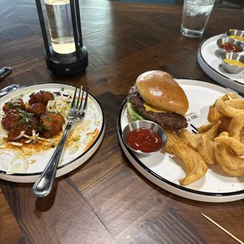 My Place - Battered cauliflower and cheeseburger with fries - Beer Bar Near Me - St. Louis, Missouri My Place - Battered cauliflower and cheeseburger with fries - Beer Bar Near Me - St. Louis, Missouri
