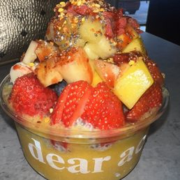 Delicious  mango made, all fruits except dates, tajin, salt, vanilla chia pudding, bee pollen, agave