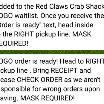 Red Claws Crab Shack - Text Message when you call in a to-go order. They let me place an order that was less than $50 and someone actually picked-up. - Cajun/Creole Near Me - Arlington, Texas Red Claws Crab Shack - Text Message when you call in a to-go order. They let me place an order that was less than $50 and someone actually picked-up. - Cajun/Creole Near Me - Arlington, Texas