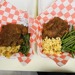 Lorenzo’s Grill - Pork chops, Mac and Cheese with Green Beans.