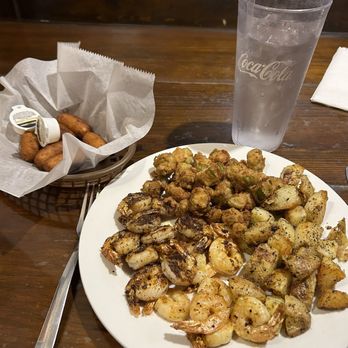 Easterby's Family Grille - Shrimp platter special with grilled potatoes and fried okra. Plus a side of hush puppies. - Seafood Near Me - Charleston, South Carolina Easterby's Family Grille - Shrimp platter special with grilled potatoes and fried okra. Plus a side of hush puppies. - Seafood Near Me - Charleston, South Carolina