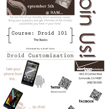 Verizon - Monthly Droid Workshops! Attend one today! - Mobile Phones Near Me - Campbell, California Verizon - Monthly Droid Workshops! Attend one today! - Mobile Phones Near Me - Campbell, California