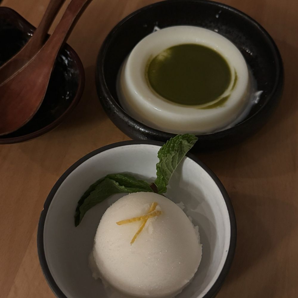 Kimura - yuzu sorbet and matcha almond pudding - Japanese Near Me - New York, New York Kimura - yuzu sorbet and matcha almond pudding - Japanese Near Me - New York, New York