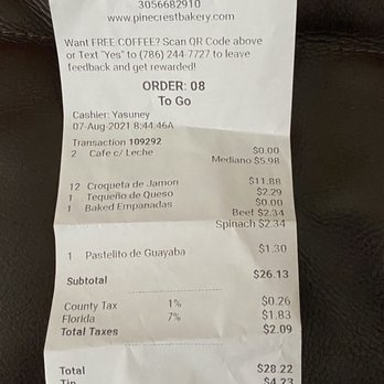 Pinecrest Bakery - South Miami - Receipt 8/7/21 - only got 10 ham croquettas and didn't get the pastelito :-( - Cuban Near Me - Miami, Florida Pinecrest Bakery - South Miami - Receipt 8/7/21 - only got 10 ham croquettas and didn't get the pastelito :-( - Cuban Near Me - Miami, Florida