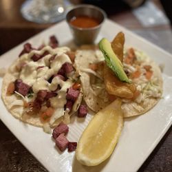 The Auld Dubliner - Crispy Fish Taco (R) / Corned Beef Taco (L)