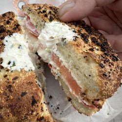 Black Seed Bagels - Everything bagel, toasted with vegi cream cheese and tomato.