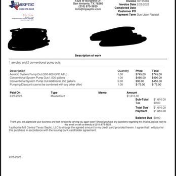 MJ Septic - Invoice reflecting pump with discount - Septic Services Near Me - San Antonio, Texas