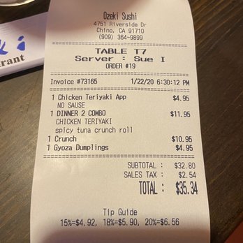 Ozeki Sushi - Receipt - Japanese Near Me - Chino, California Ozeki Sushi - Receipt - Japanese Near Me - Chino, California