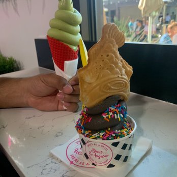 Devil & Angel Desserts - Matcha ice cream in devil cone & taiyaki fish with Oreo ice cream & sprinkles - Bubble Tea Near Me - Concord, California Devil & Angel Desserts - Matcha ice cream in devil cone & taiyaki fish with Oreo ice cream & sprinkles - Bubble Tea Near Me - Concord, California