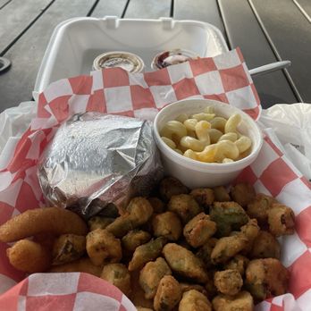 BBQ House - Fried Okra, Mac-n-cheese, Hush Puppies, pulled pork Hickory Smoked Bbq Sandwich Plate - Barbeque Near Me - Oak Island, North Carolina BBQ House - Fried Okra, Mac-n-cheese, Hush Puppies, pulled pork Hickory Smoked Bbq Sandwich Plate - Barbeque Near Me - Oak Island, North Carolina