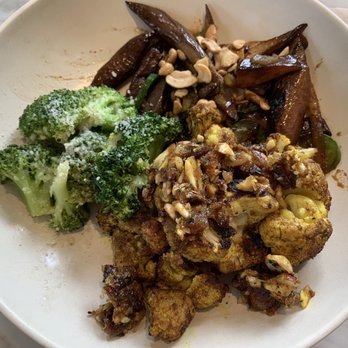 Flower Child - Three option plate - I picked broccoli, Japanese eggplant and curry cauliflower, plate $9. Delicious! - Salad Near Me - Houston, Texas Flower Child - Three option plate - I picked broccoli, Japanese eggplant and curry cauliflower, plate $9. Delicious! - Salad Near Me - Houston, Texas