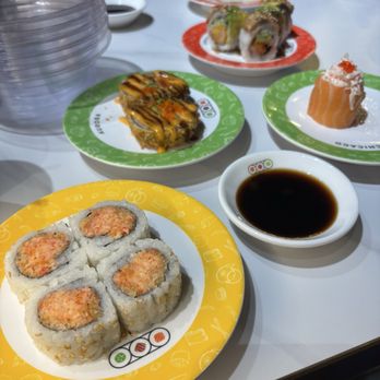 Sushi Plus Rotary Sushi Bar - Spicy Salmon Maki; Dynamite Roll; Unagi Maki; Salmon and Crab - Conveyor Belt Sushi Near Me - Chicago, Illinois Sushi Plus Rotary Sushi Bar - Spicy Salmon Maki; Dynamite Roll; Unagi Maki; Salmon and Crab - Conveyor Belt Sushi Near Me - Chicago, Illinois