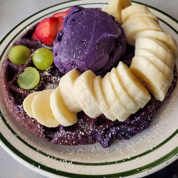 Basilur - Ube Waffle topped with ube ice cream and fruit - Coffee & Tea Near Me - Buena Park, California