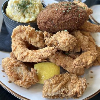 Restaurant des Familles - Seafood platter with jalapeños cheddar grits. - Cajun/Creole Near Me - Marrero, Louisiana