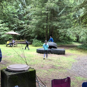 Rainbow Trout Farm - Our kids loved to play around the huge tires - Lakes Near Me - Sandy, Oregon