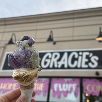 Gracie's Ice Cream - Ube Matcha Swirl in a fluff cone - Ice Cream & Frozen Yogurt Near Me - Somerville, Massachusetts Gracie's Ice Cream - Ube Matcha Swirl in a fluff cone - Ice Cream & Frozen Yogurt Near Me - Somerville, Massachusetts