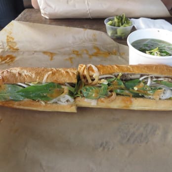 East Borough - Pho Baguette (Beef brisket, sriracha hoisen aoili, bean sprouts, basil, onions & jalapenos with a cup of soup, $10) - Vietnamese Near Me - Costa Mesa, California East Borough - Pho Baguette (Beef brisket, sriracha hoisen aoili, bean sprouts, basil, onions & jalapenos with a cup of soup, $10) - Vietnamese Near Me - Costa Mesa, California