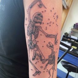 Hardened Art Tattoo Studio - I asked Patrick Harden for a skeleton dog and human dancing amping the stars and this is what he designed! Absolutely love this piece