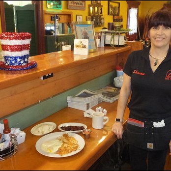 Mountain Top Cafe - My friendly server, Sharon, brings my order to my place at the counter with a smile. - American Near Me - Phelan, California