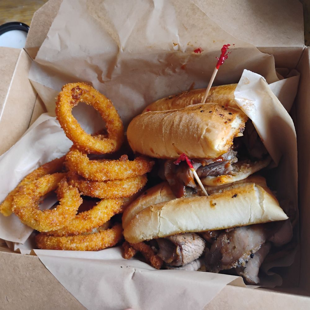 Savory Smoke - Smoked Tri Tip Sandwich with onion rings - Barbeque Near Me - Morro Bay, California Savory Smoke - Smoked Tri Tip Sandwich with onion rings - Barbeque Near Me - Morro Bay, California