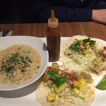 Earls Kitchen + Bar - Fish tacos with house hot sauce and clam chowder - Canadian (New) Near Me - Richmond, British Columbia Earls Kitchen + Bar - Fish tacos with house hot sauce and clam chowder - Canadian (New) Near Me - Richmond, British Columbia