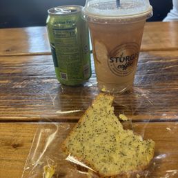 Lemon bread, caramel frappe and a Mountian Dew. Lemon bread, caramel frappe and a Mountian Dew.