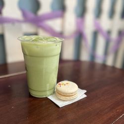 Agora Downtown Coffee Shop & Roastery - Iced Lavender Matcha & Funfetti Macaron