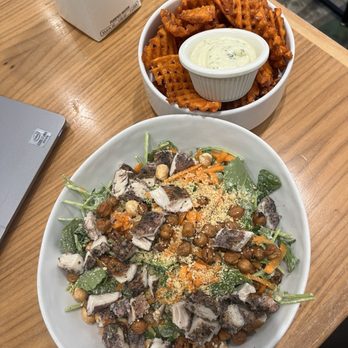 Alchemy Kitchen - kale caesar salad with chicken & side of sweet potato waffle fries w/ vegan ranch - Cafes Near Me - Columbus, Ohio