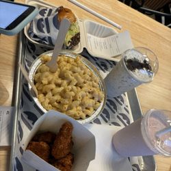 Umbrella Burger - Mac and cheese, fried chicken, double burger with cheese, two milkshakes