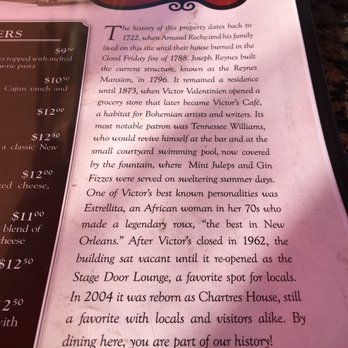 Chartres House - Restaurant's story on the menu. - Beer Bar Near Me - New Orleans, Louisiana