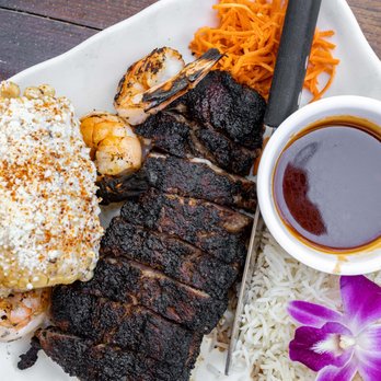 Sur at The Barnyard - Kona Steak Plate w/ Jumbo Prawns ($35 + $10/prawns) - New American Near Me - Carmel, California Sur at The Barnyard - Kona Steak Plate w/ Jumbo Prawns ($35 + $10/prawns) - New American Near Me - Carmel, California
