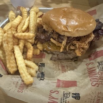 Sonny's BBQ - Cold Candied Bacon Burger (only had onions after I could get the waitresses attention) and frozen fries - Barbeque Near Me - Perry, Georgia Sonny's BBQ - Cold Candied Bacon Burger (only had onions after I could get the waitresses attention) and frozen fries - Barbeque Near Me - Perry, Georgia