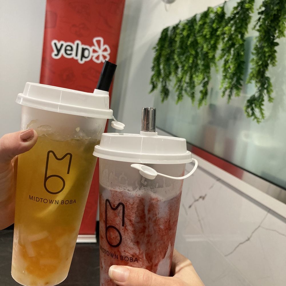 Midtown Boba - Mango green tea lemonade with lychee and mango boba and Taro Milk Tea with strawberry slush and boba - Bubble Tea Near Me - Tampa, Florida Midtown Boba - Mango green tea lemonade with lychee and mango boba and Taro Milk Tea with strawberry slush and boba - Bubble Tea Near Me - Tampa, Florida