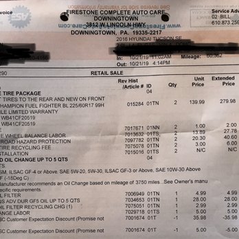 Firestone Complete Auto Care - My bill. Note the directions at the top... - Tires Near Me - Exton, Pennsylvania