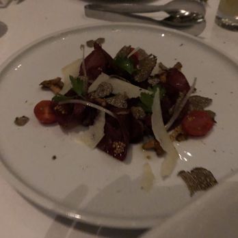 Italian Kitchen - Carpaccio di bresaola casereccia e finferli $23 - chanterelles, pickled shallots, shaved parmesan - added shaved black truffle for $14 - Italian Near Me - Vancouver, British Columbia
