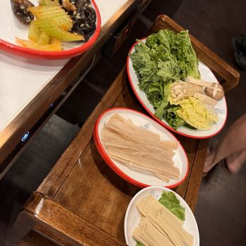 Pipa Mountain Hot Pot - My sides for today.  Veggie platter / sweet potato noodles/ tofu skin. Tree fungus and celery - Hot Pot Near Me - Seattle, Washington